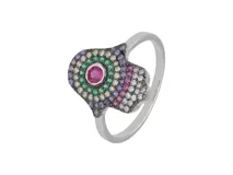 Anillo de plata 925 con forma de mano de Hamsa, decorado con circonias multicolor.