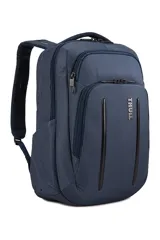 Mochila Thule Crossover 2 de 30L en color azul, diseñada para organizar y proteger dispositivos electrónicos. Cuenta con compartimentos acolchados para laptop de hasta 15,6 pulgadas y tablet, bolsillo SafeZone resistente a impactos para objetos frágiles, PowerPocket para gestión de cables y bolsillo con bloqueo RFID. Fabricada con materiales ligeros y resistentes a la intemperie.