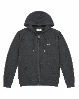 Campera con capucha de felpa color gris oscuro, con cierre frontal completo, bolsillos tipo canguro y cordones ajustables. Presenta un pequeño bordado con el texto "BKF 1971" en el pecho.
