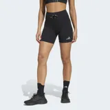 Short deportivo Adidas de tiro alto, confeccionado en tejido técnico negro con tecnología Climacool para absorción de sudor. Presenta ajuste ceñido al cuerpo, cintura elástica con cordón de ajuste externo y bolsillos laterales en los muslos.