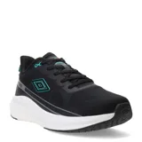 Championes deportivos Umbro de color negro con detalles en turquesa. Presentan una capellada de malla transpirable, cierre con cordones y una entresuela blanca de gran amortiguación.