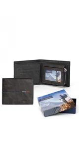 Billetera plegable para hombre marca Lincoln's, confeccionada en cuero sintético con acabado texturizado. Cuenta con múltiples ranuras para tarjetas, compartimento para billetes, visor transparente para identificación y bolsillo lateral con cierre.