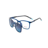 Lentes de receta marca Noon modelo P08 con armazón de acetato en color azul traslúcido. Incluye un clip-on magnético con lentes oscuros polarizados para protección solar.