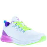 Championes deportivos de mujer con capellada de tejido técnico blanco, cordones en color verde neón y detalles en violeta y azul. Presentan una suela con degradado de color que va del fucsia al verde neón.