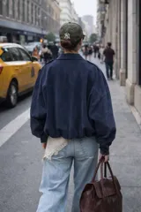 Chaqueta tipo bomber de calce holgado y silueta relajada, confeccionada en gamuza color azul marino. Presenta cuello camisero, cierre frontal oculto y mangas amplias con puños rectos.