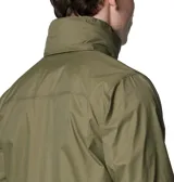Campera impermeable Columbia modelo Glennaker Lake Jkt Omni-Shield, color verde militar, con cierre frontal, capucha ajustable que se guarda en el cuello, bolsillos con cremallera y puños ajustables con velcro.