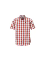 Camisa de manga corta Caterpillar con estampado de cuadros en tonos rojos, blancos y grises. Presenta cuello clásico, cierre frontal con botones y un bolsillo en el pecho con el logo de la marca.