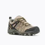 Zapatillas de senderismo impermeables para hombre, marca Merrell, modelo Accentor 3 WP. Capellada de ante y malla color beige con detalles en negro. Suela de goma con tecnología Merrell Air Cushion para absorción de impactos y estabilidad.