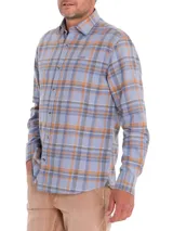 Camisa de franela de algodón orgánico con estampado de cuadros en tonos gris, naranja y marrón, de manga larga, cuello italiano y calce modern fit.