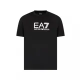 Remera negra de algodón con cuello redondo y logo EA7 Emporio Armani estampado en blanco en el pecho.