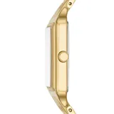 Reloj Fossil modelo Raquel con caja rectangular dorada de 23mm y malla metálica dorada. Esfera plateada con números romanos y función de fecha. Resistente al agua 5 ATM.