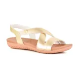Sandalia plana Usaflex modelo Olimpia, de color negro con tiras cruzadas de cuero y base marrón texturizada.