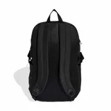 Mochila deportiva Adidas Power VIII en color negro, con diseño ergonómico, compartimento principal con cierre, bolsillos laterales y las icónicas tres tiras blancas verticales en el frente junto al logo de la marca.