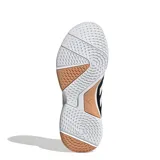 Championes deportivos Adidas Ligra 8 para mujer, diseñados para deportes de cancha cubierta. Presentan un diseño en color negro con las icónicas tres rayas laterales en blanco, confeccionados en una combinación de malla transpirable y cuero sintético con punta reforzada Adituff. Incluyen mediasuela amortiguada y suela de goma para un agarre óptimo en superficies indoor.