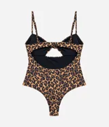 Malla entera de microfibra con estampado animal print de leopardo, breteles finos regulables, escote con abertura frontal y nudo, y forro interno.
