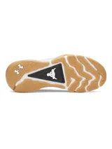 Championes de entrenamiento Under Armour Project Rock 8, color negro con entresuela blanca y suela de goma color caramelo. Presentan una parte superior de malla técnica con detalles en gamuza, lengüeta de neopreno perforada y contrafuerte externo en el talón para mayor estabilidad. Incorporan tecnología de amortiguación UA HOVR y suela UA TriBase para maximizar el contacto con el suelo y brindar flexibilidad.