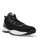 Championes de básquet Topper modelo Candun, de corte medio, color negro con suela blanca. Presentan una estructura de tejido técnico en el cuerpo y refuerzos sintéticos en la zona de los cordones y el talón.