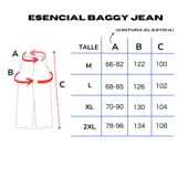 Pantalón de jean negro con lavado oscuro y efecto desgastado, de corte muy ancho (baggy) y tiro medio/alto con cintura elástica. Presenta bolsillos delanteros y traseros.