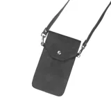 Bandolera tipo portacelular de cuero negro con correa fina regulable y bolsillo trasero.