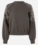 Buzo de moletón con felpa interna, cuello redondo y mangas raglán. Presenta bordados florales en las mangas y terminaciones acanaladas en puños y ruedo.