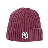 Gorro tipo beanie de tejido acanalado en color bordó, con vuelta en el borde y logo de los New York Yankees bordado en blanco en el frente.