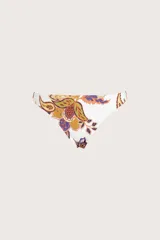 Parte inferior de bikini con cobertura media y diseño de corte clásico. Presenta un estampado botánico multicolor sobre fondo blanco.