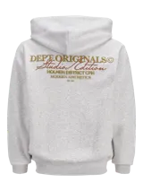 Hoodie gris melange de corte holgado, con capucha, bolsillo tipo canguro y pequeño estampado en el pecho. Confeccionado en tejido loopback con interior suavemente afelpado, puños y dobladillo acanalados.