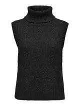 Chaleco tejido de punto con diseño de trenzas, cuello alto tipo polera y terminaciones acanaladas en el ruedo y sisas.