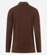 Suéter de punto color crema con cuello redondo y mangas largas ajustadas. Modelo slim alargado con efecto de pelitos.