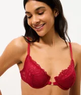 Soutien de media copa en encaje floral rojo, con aro y tirantes finos.