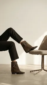 Bota corta de diseño sofisticado que combina texturas. Presenta puntera en cuero grabado tipo croco y caña en gamuza suave. Incluye una correa decorativa con hebilla metálica en el tobillo y taco bajo.