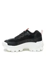 Zapatillas Caterpillar modelo Intruder Lite para mujer, de color negro con suela chunky blanca y detalles en rosado.