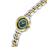 Reloj analógico Guess modelo Leena con caja de 27 mm en tono dorado y esfera verde decorada con cristales. Presenta una malla de acero inoxidable bicolor en tonos plateado y dorado.