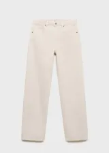 Pantalón de jean de corte recto y tiro medio, con diseño clásico de cinco bolsillos, cierre frontal de cremallera y botón, y trabillas para cinturón.