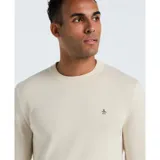 Sweater color crema de algodón con cuello redondo y logo de pingüino bordado en el pecho.