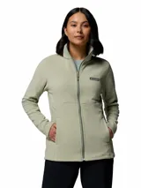 Campera polar Columbia de corte entallado, con cierre frontal completo, cuello alto y bolsillos laterales. Presenta el logo de la marca bordado en el pecho.