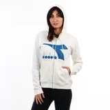Campera con capucha y cierre frontal, color blanco hueso, con el logo grande de Diadora en azul en el pecho. Presenta puños y cintura acanalados.