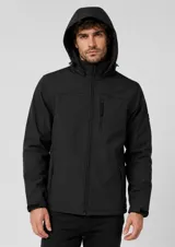 Campera de neopreno color negro con capucha desmontable, cierre frontal completo, bolsillos laterales y bolsillo en el pecho con cierre.