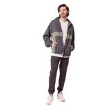 Campera rompevientos Rusty modelo Pipper, con diseño color block en tonos gris y verde oliva. Presenta cierre frontal, capucha, puños elásticos y logo de la marca bordado en el pecho.