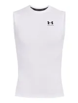 Musculosa térmica Under Armour HeatGear Armour Compression de color blanco, sin mangas y con diseño de compresión. Presenta cuello redondo y el logotipo de la marca estampado en negro en el pecho.