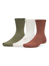 Pack de tres pares de medias tipo crew Under Armour en colores verde militar, blanco y terracota, confeccionadas en tejido acanalado de algodón.