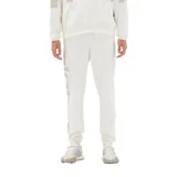 Pantalon de jogging color blanco, de corte deportivo con cintura elástica con cordón y puños elásticos. Presenta un logotipo de New Balance estampado en gran tamaño en la pernera derecha.