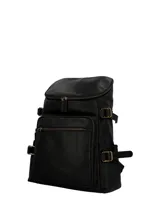 Mochila de cuero natural Hush Puppies, modelo Ty Frazer Back, color negro. Cuenta con compartimento principal con cierre de cremallera, bolsillos frontales y laterales, correas ajustables y herrajes metálicos en tono bronce.