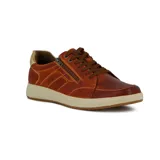 Zapato acordonado marrón de cuero con cierre lateral y detalles de costuras.