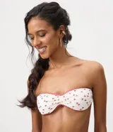 Top de bikini bandeau de microfibra, con diseño de estampa de hongos y detalles de ribete con estampado a cuadros en los bordes.