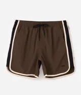 Short de baño marrón de poliamida, con cintura elástica, cordón ajustable negro y franjas laterales negras con ribetes claros.