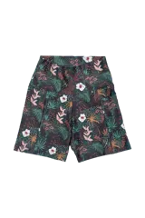 Short biker con estampado de hojas y flores, bolsillo lateral, cintura alta con opción de doblar.