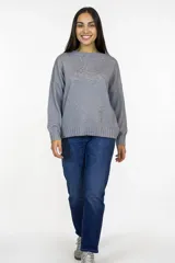 Buzo de punto color gris, con cuello redondo y diseño de corte recto. Presenta mangas largas con puños acanalados y ruedo con terminación elástica.