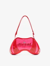 Bolso de hombro Diesel Play para mujer, con silueta inspirada en un mando de videojuego y estilo moto. Hecho de PU brillante con bloques de color rojo y rosa, parches de logotipo aplicados y placa de metal con el logotipo Oval D.