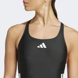 Malla enteriza deportiva Adidas color negro con las tres tiras características de la marca en los laterales y logo estampado en el pecho. Cuenta con espalda deportiva y forro interno.